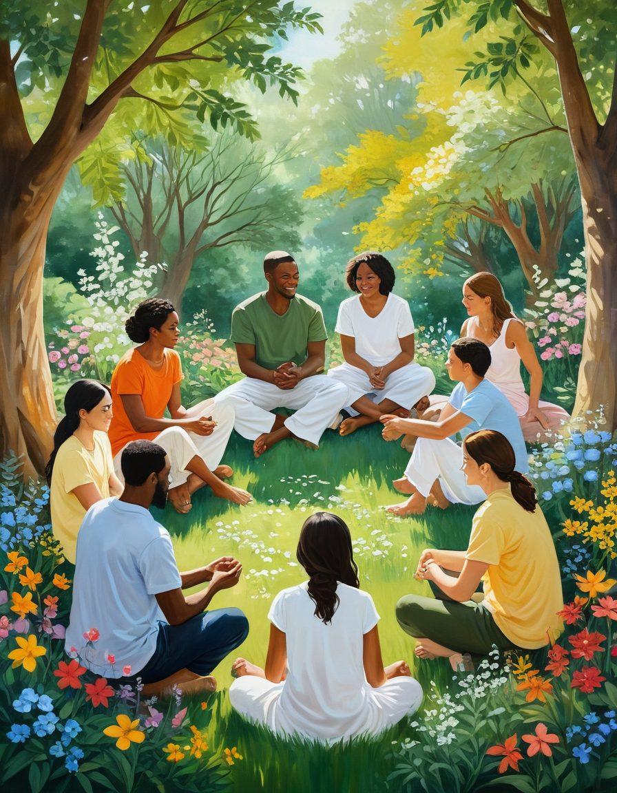 A serene scene depicting a diverse group of people sitting in a circle, openly sharing their emotions with warm smiles and connecting genuinely. Surrounding them are soft natural elements like trees and blooming flowers, symbolizing growth and openness. A subtle light illuminates their faces, creating an atmosphere of comfort and trust. Incorporate soft, soothing colors to evoke feelings of peace and warmth. painting. vibrant colors.