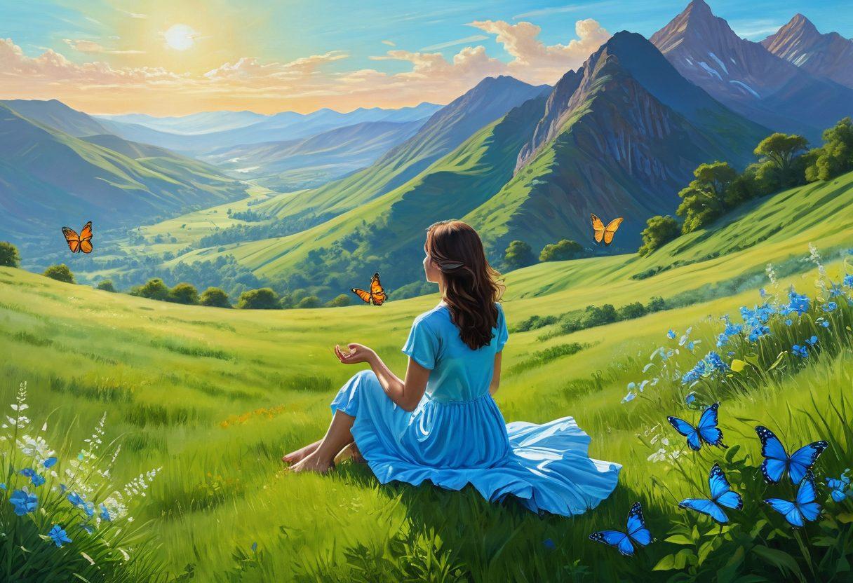 A serene scene depicting a person sitting peacefully on a lush green hill, arms spread wide open under a bright blue sky, symbolizing openness and acceptance. Surrounding the figure are delicate butterflies fluttering around, each representing a moment of vulnerability leading to growth. Soft, warm sunlight drapes the landscape, enhancing the feeling of joy and tranquility. The background features gentle mountains, hinting at the journey of resilience. vibrant colors. painting.