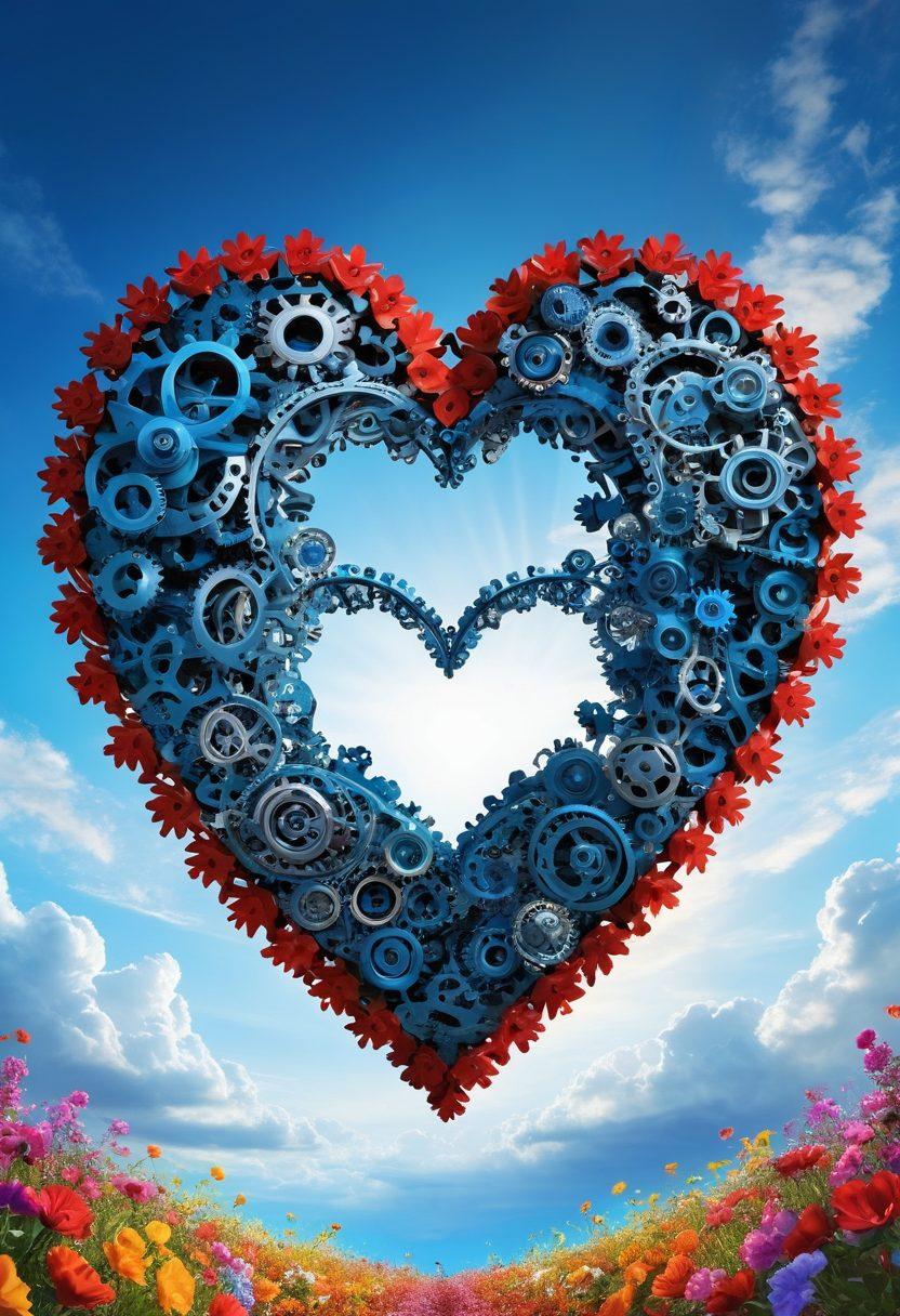 A beautiful heart made of interlocking gears, symbolizing resilience and openness, surrounded by blooming flowers representing joy and well-being. The heart is set against a vivid blue sky with sunlight breaking through the clouds, creating a hopeful atmosphere. Include subtle hints of human silhouettes embracing or supporting each other around the heart. super-realistic. vibrant colors. bright background.